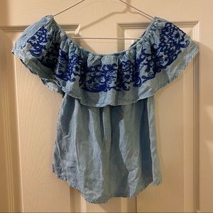 Off The Shoulder Style Envy Top//Size Small//Blue, Denim Pattern